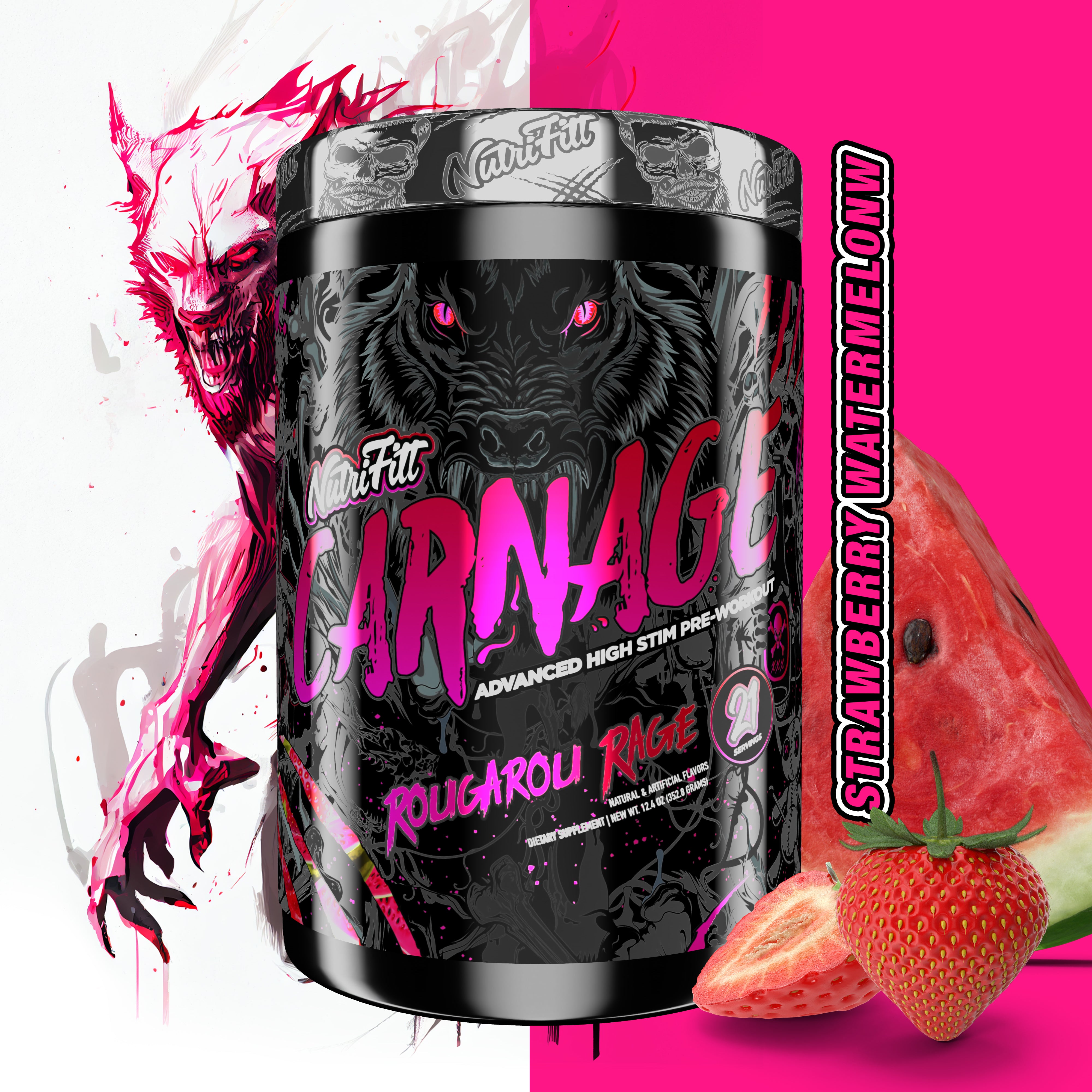 nutrifitt carnage advanced high stim pre workout rougarou rage strawberry watermelon